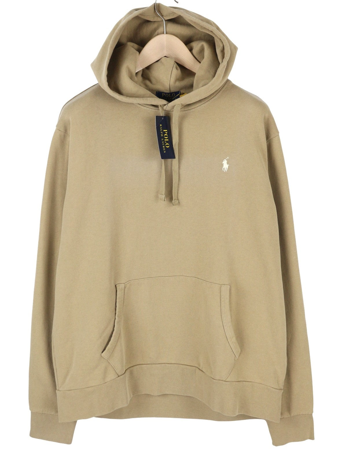 RALPH LAUREN Men Hoodie XL Light Brown Kangaroo Pocket Logo Pullover RRP199