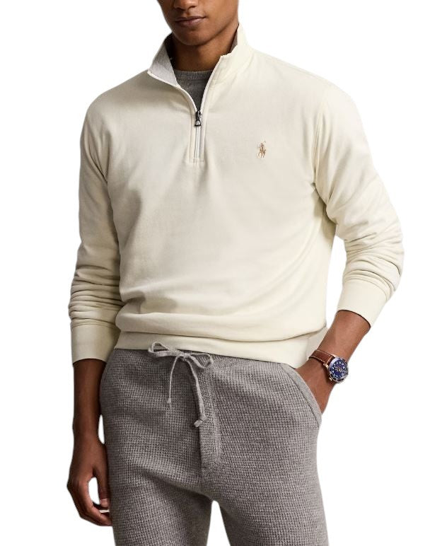 RALPH LAUREN Men Sweatshirt 2XL Cream High Half Zip Neck Logo Pullover RRP199