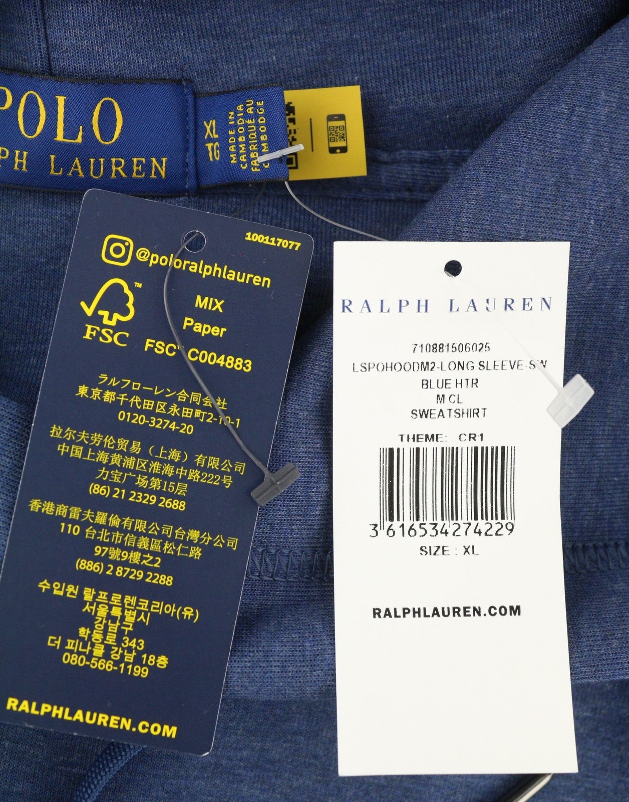 RALPH LAUREN Men Hoodie XL Blue Melange Kangaroo Pocket Logo Pullover RRP199