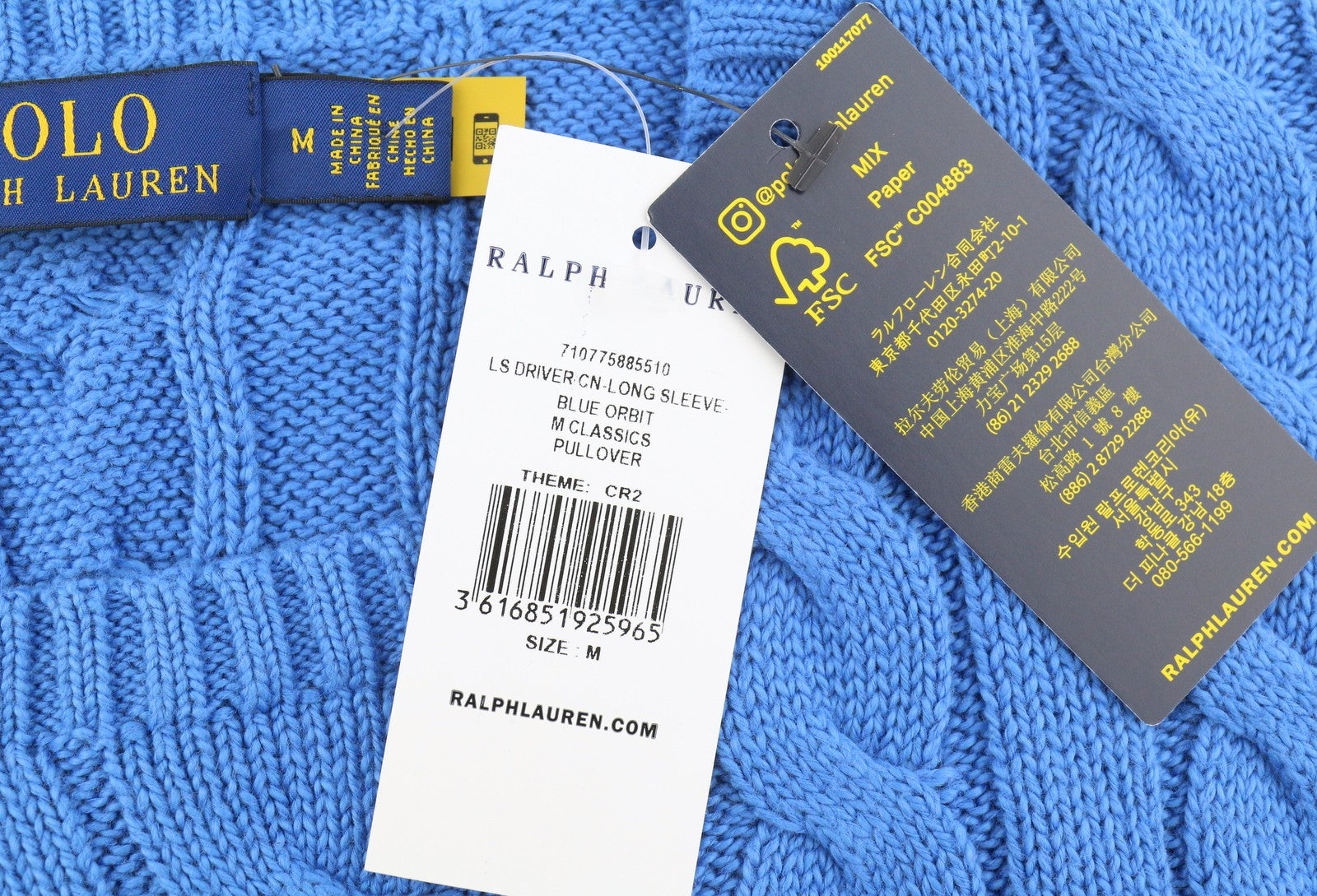 RALPH LAUREN Classics Pullover Men Jumper M Blue Cable Knit Crew Pullover RRP199