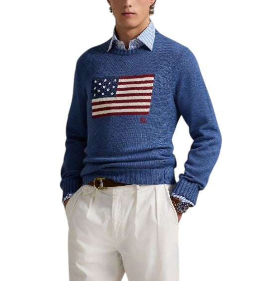 RALPH LAUREN Classics Blue Men Jumper L Blue Cotton USA Flag Pullover RRP499