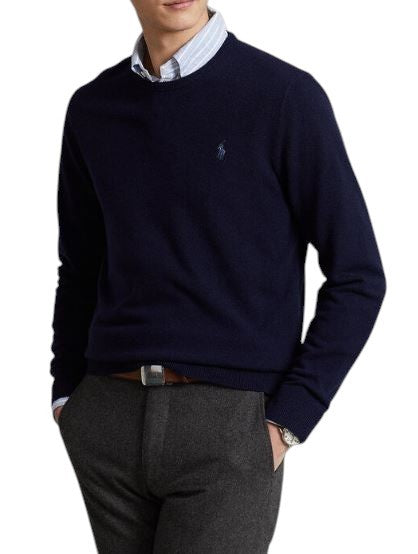 RALPH LAUREN Men Jumper L Dark Blue Wool Tight Knit Crew Neck Pullover RRP219