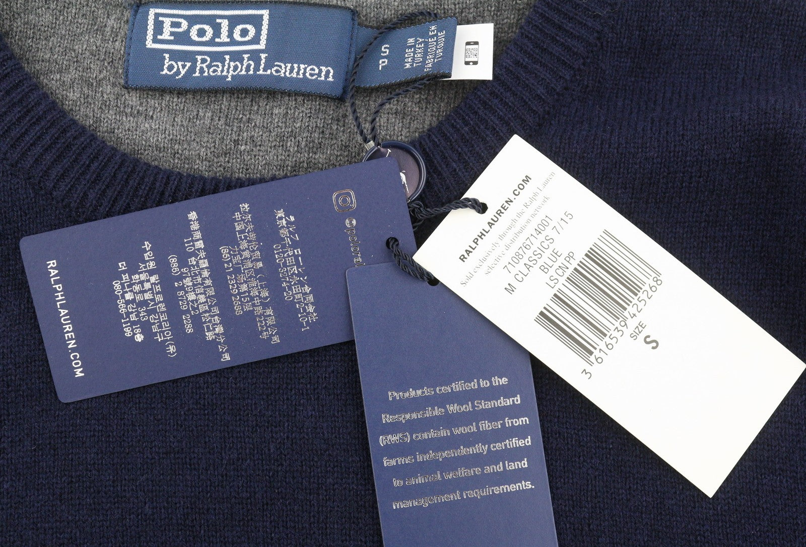 RALPH LAUREN Men Jumper S Dark Blue Wool Tight Knit Crew Neck Pullover RRP219