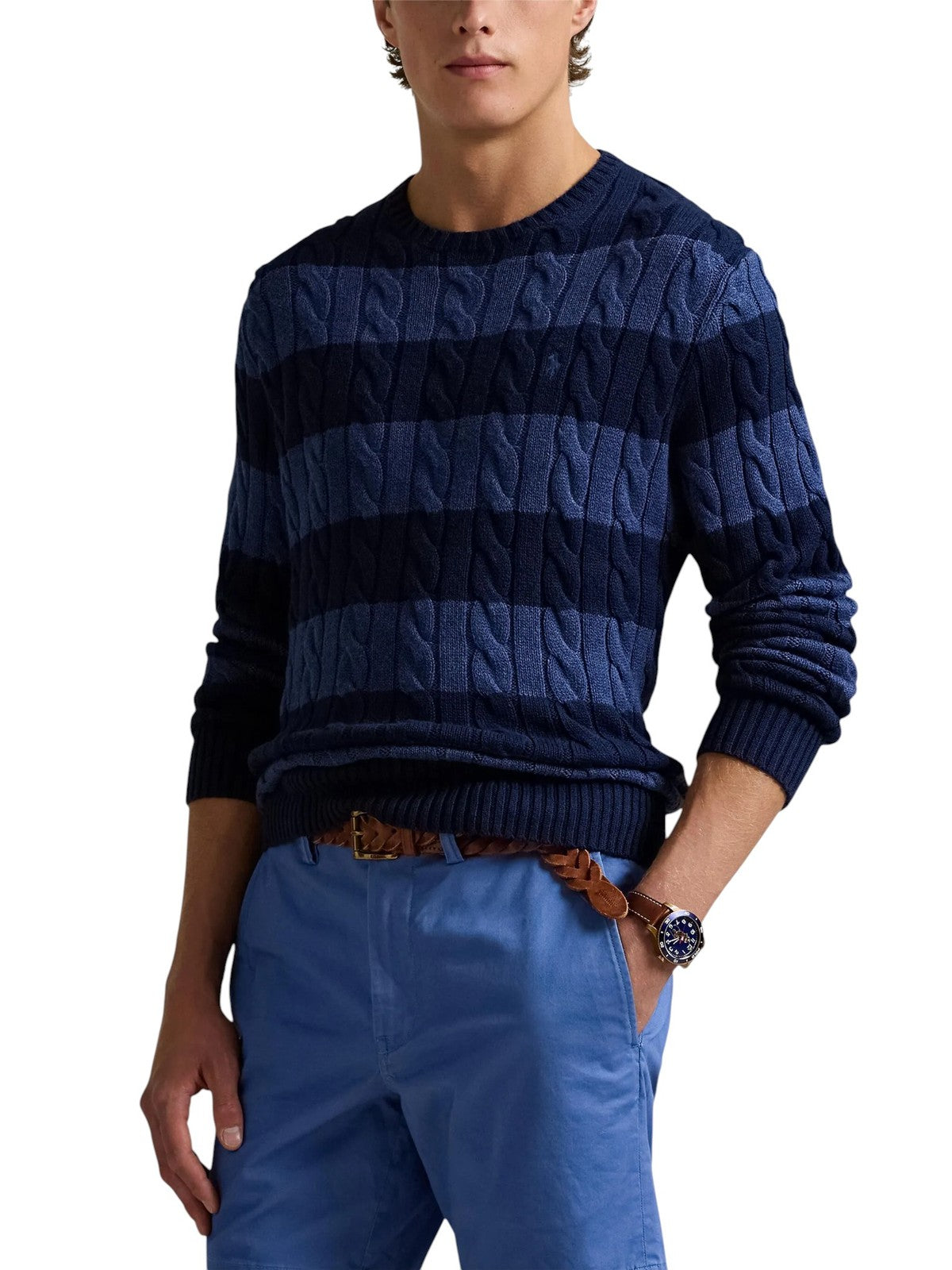 RALPH LAUREN Classics Blue Men Jumper M Blue Striped Cable Knit Pullover RRP258