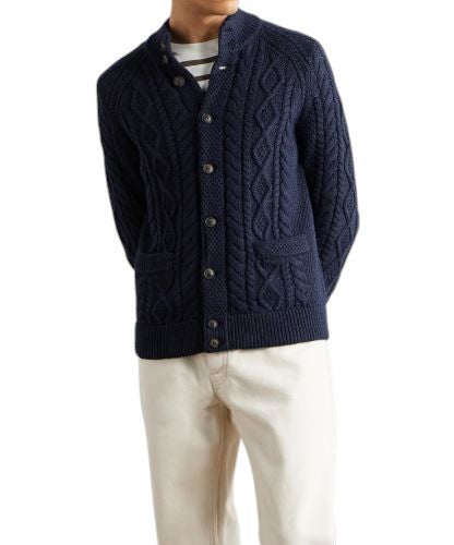 RALPH LAUREN Men Jumper L Dark Blue Button-Up Cable Knit Pockets Cardigan RRP329
