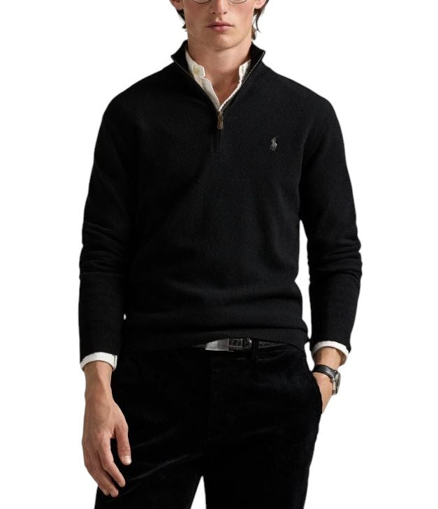 RALPH LAUREN Classic Pullover Men Jumper 2XL Black Half Zip Neck Wool RRP239