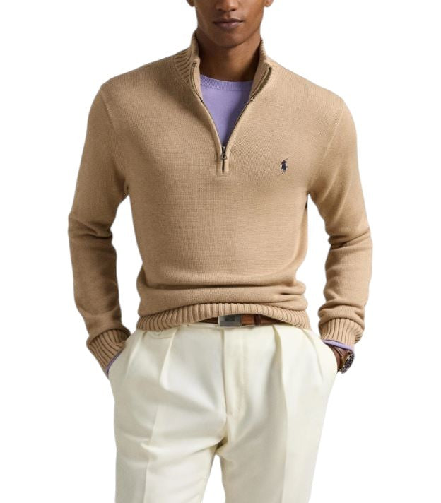 RALPH LAUREN Classic Pullover Men Jumper 2XL Brown Melange Half Zip Neck RRP239