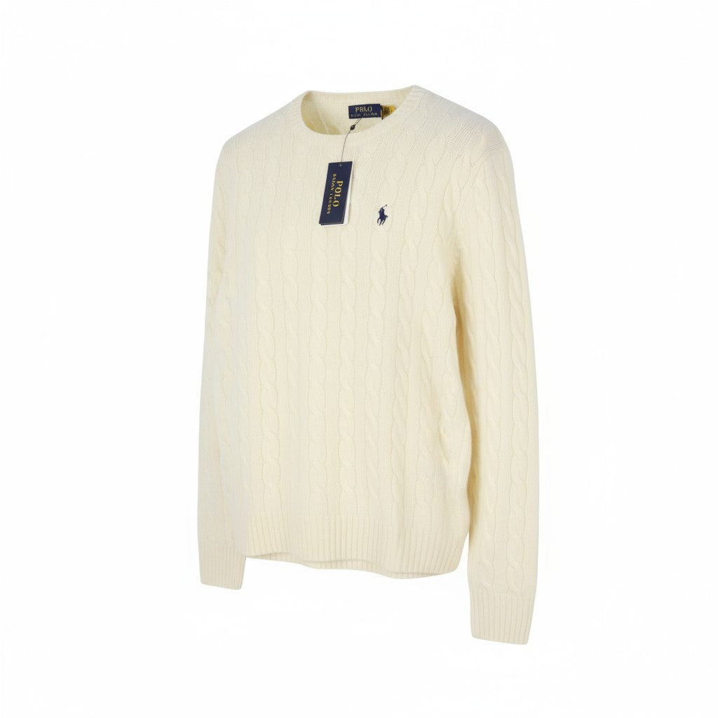 RALPH LAUREN Men Jumper L Cream Wool Cashmere Cable Knit Pullover Logo RP225