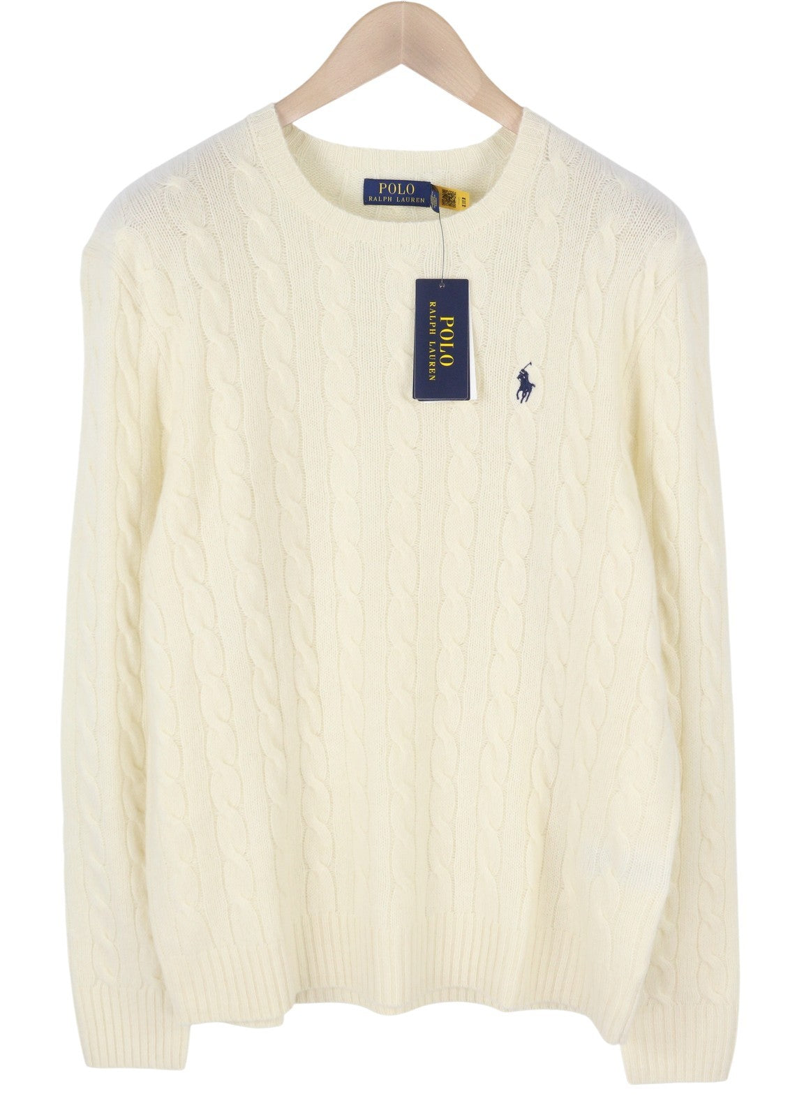 RALPH LAUREN Men Jumper L Cream Wool Cashmere Cable Knit Pullover Logo RP225
