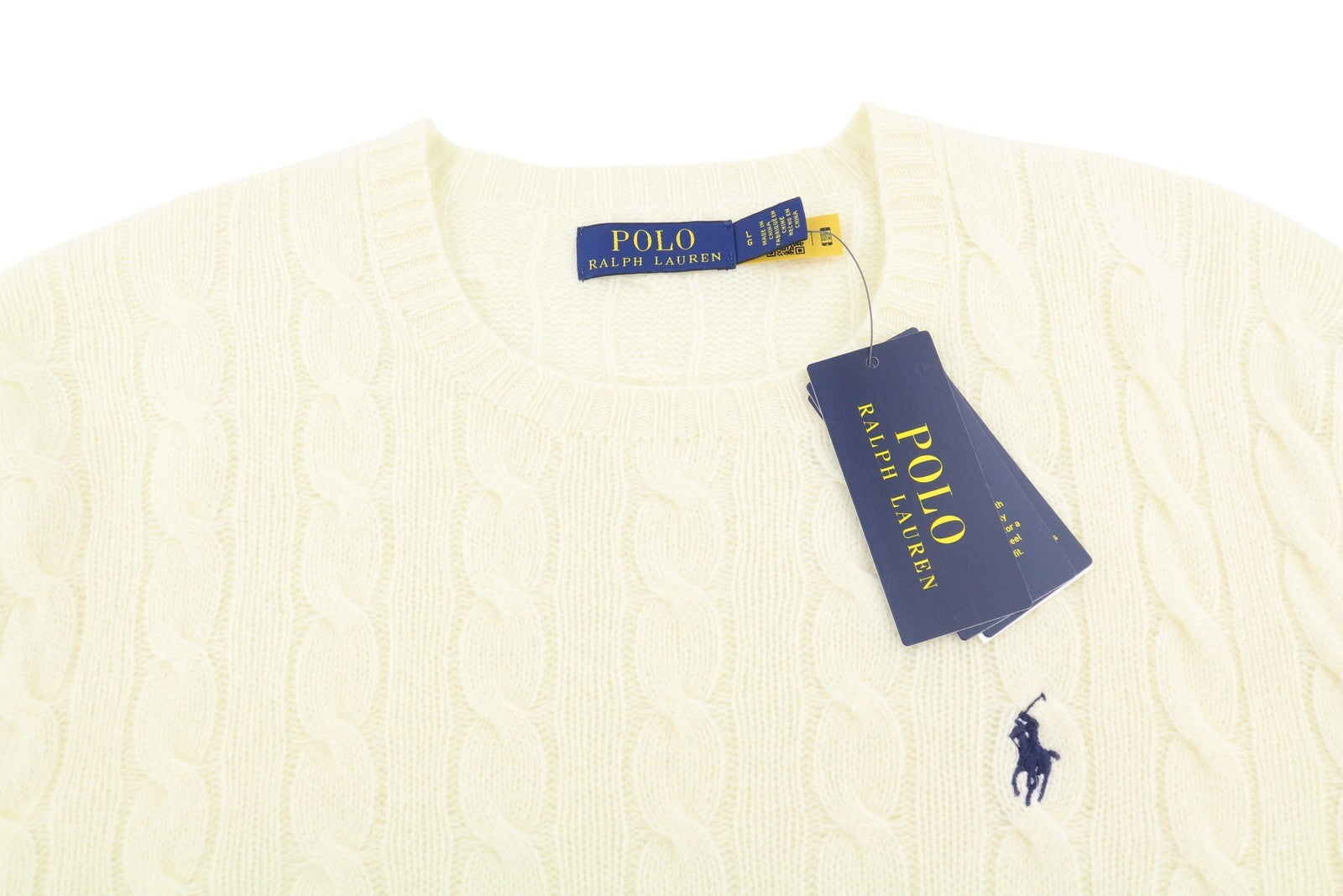 RALPH LAUREN Men Jumper L Cream Wool Cashmere Cable Knit Pullover Logo RP225