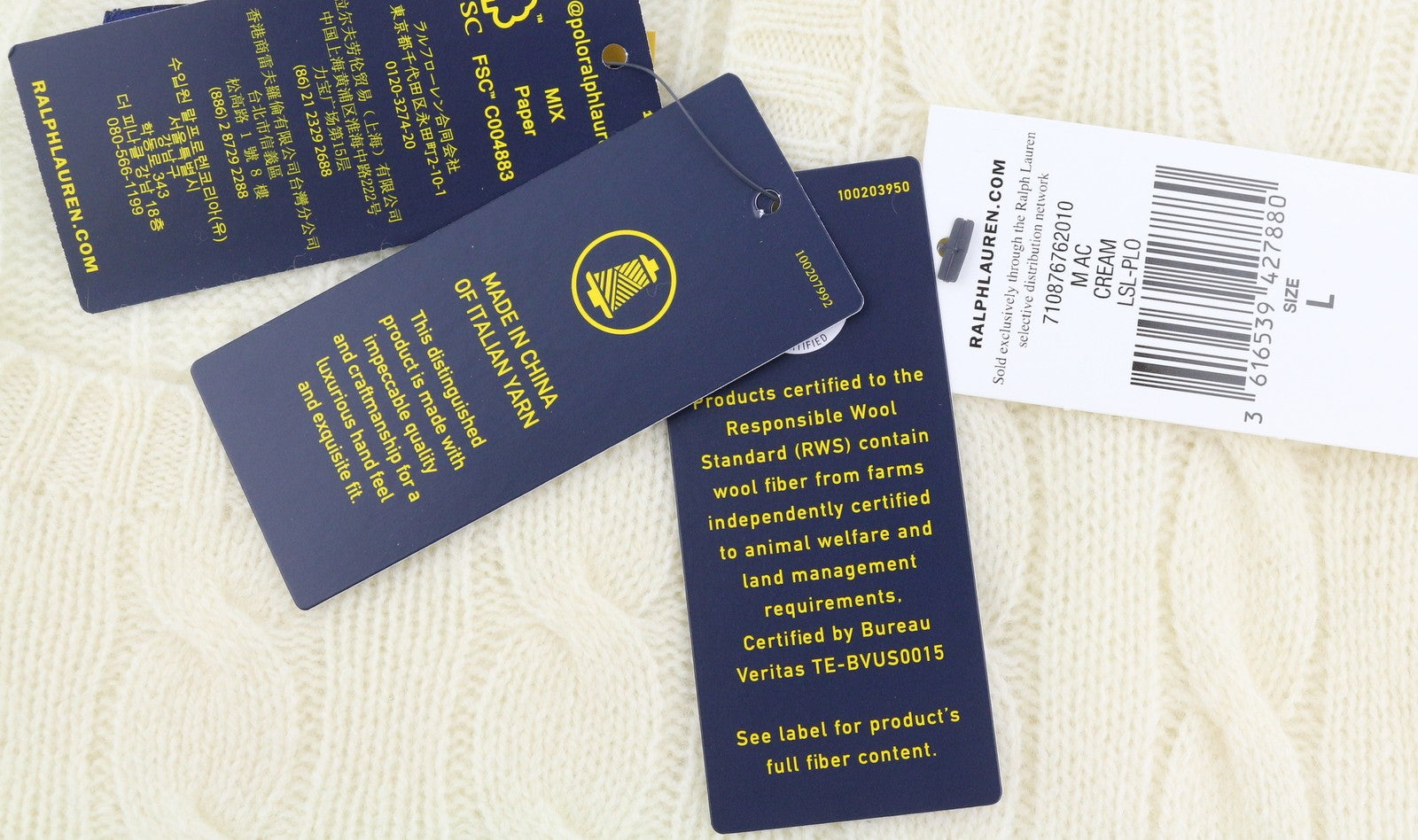 RALPH LAUREN Men Jumper L Cream Wool Cashmere Cable Knit Pullover Logo RP225