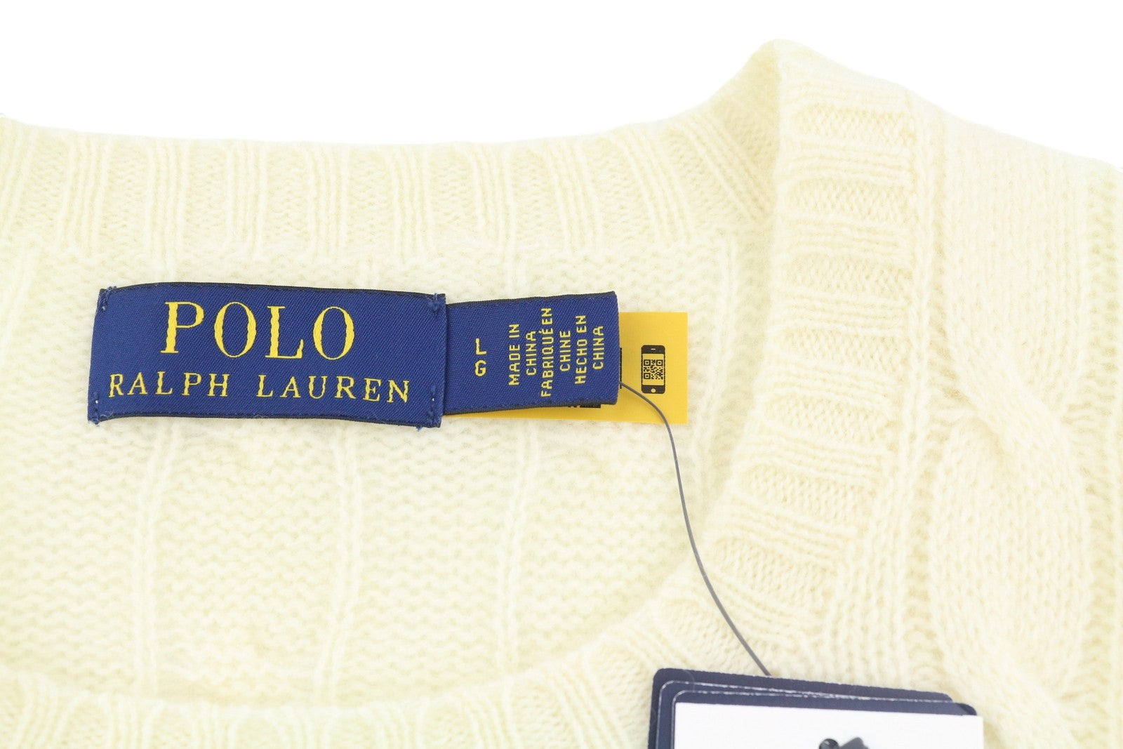 RALPH LAUREN Men Jumper L Cream Wool Cashmere Cable Knit Pullover Logo RP225