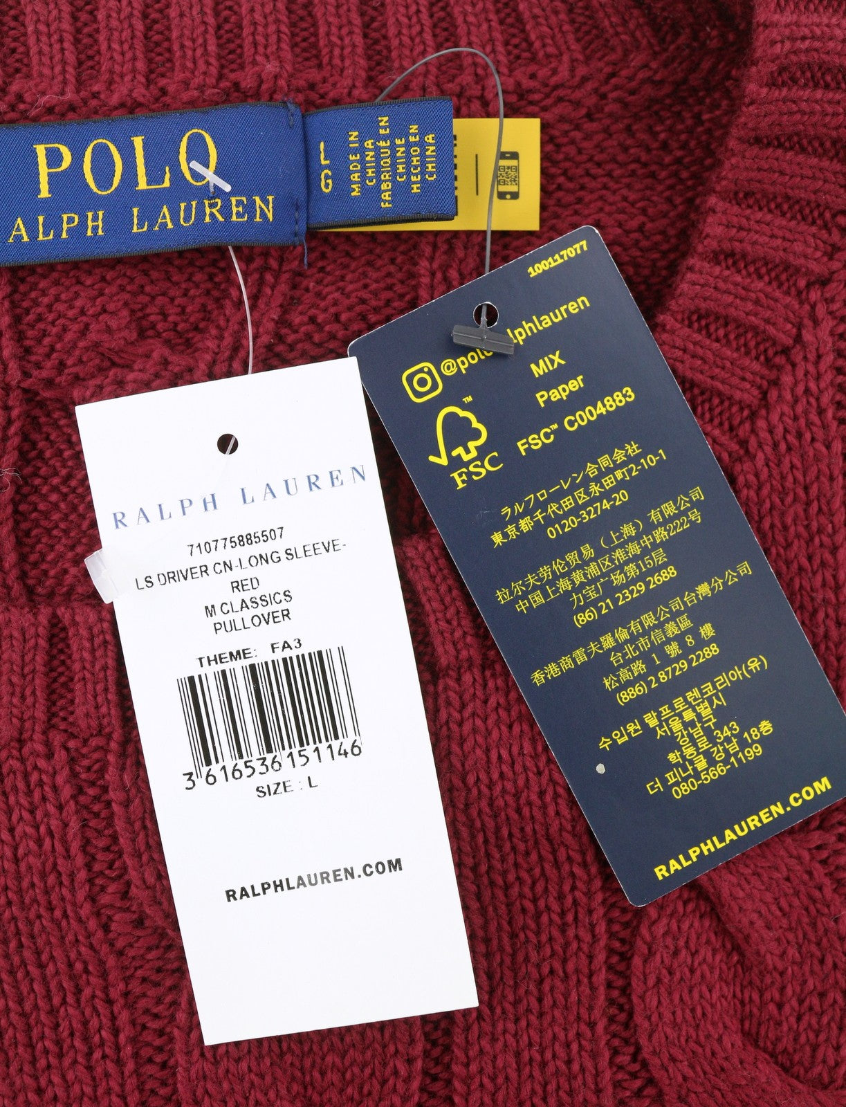 RALPH LAUREN Driver Cn-Long Sleeve Red Men Jumper L Pullover Burgundy RRP214