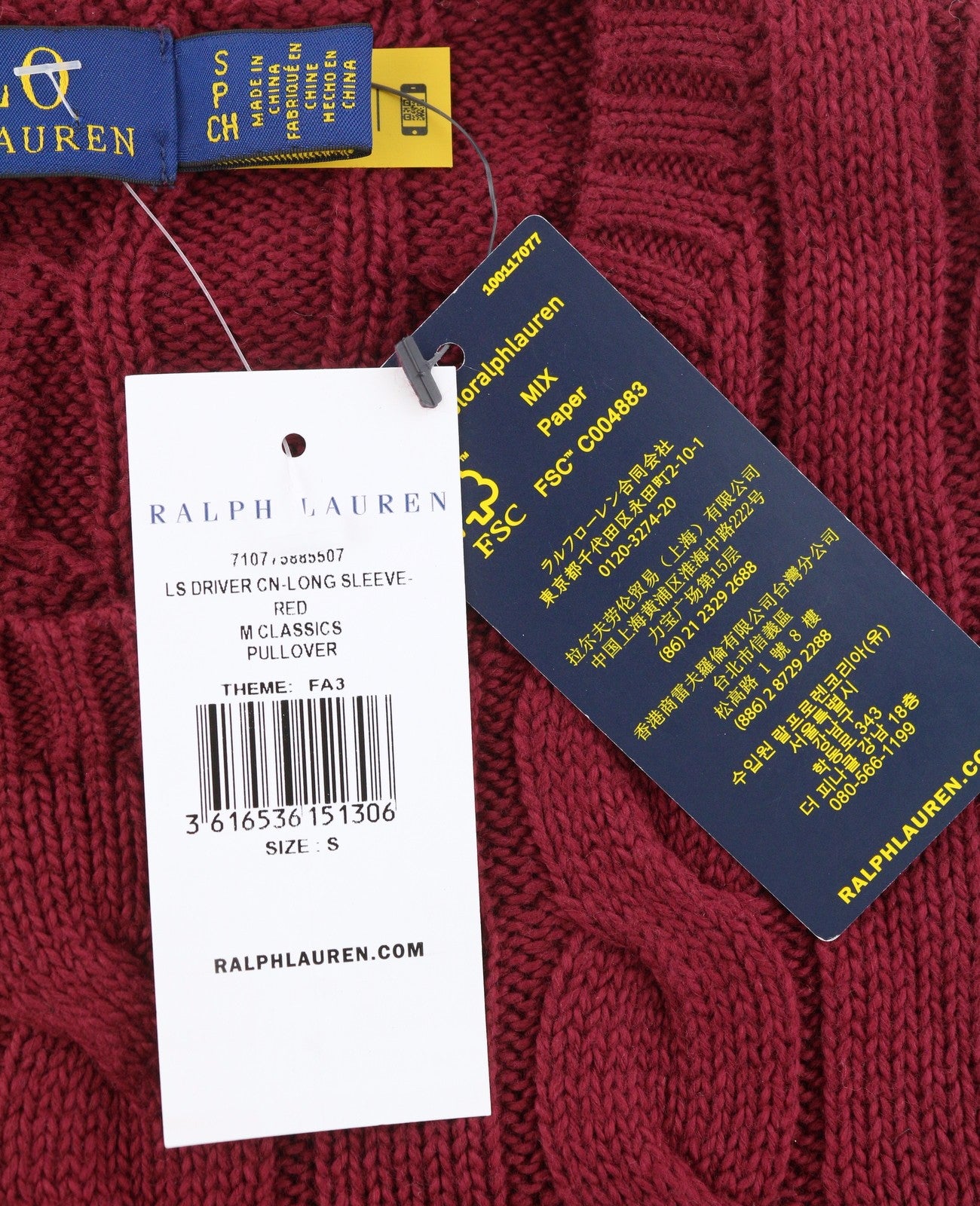 RALPH LAUREN Driver Cn-Long Sleeve Red Men Jumper S Pullover Burgundy RRP214