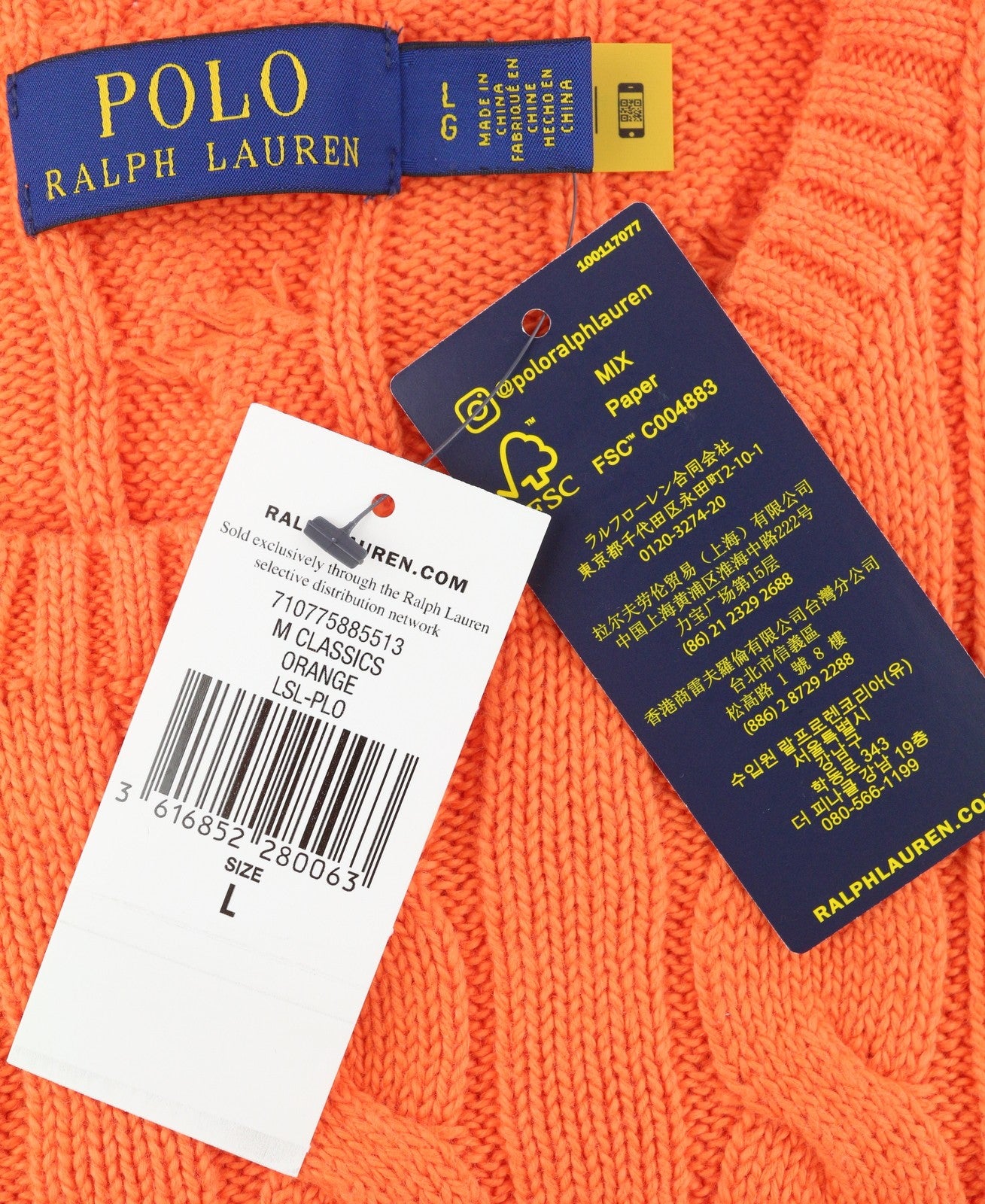 RALPH LAUREN Driver Cn-Long Sleeve Orange Men Jumper L Pullover Cable RRP214