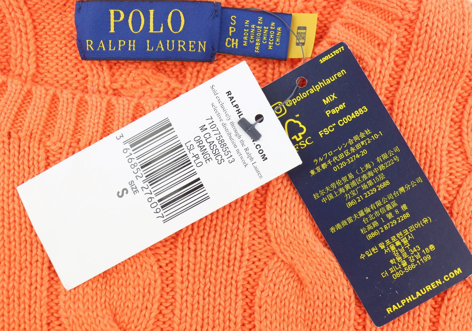 RALPH LAUREN Driver Cn-Long Sleeve Orange Men Jumper S Pullover Cable RRP214
