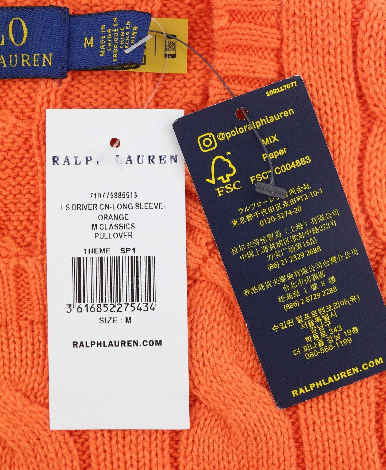 RALPH LAUREN Driver Cn-Long Sleeve Orange Men Jumper M Pullover Cable RRP214