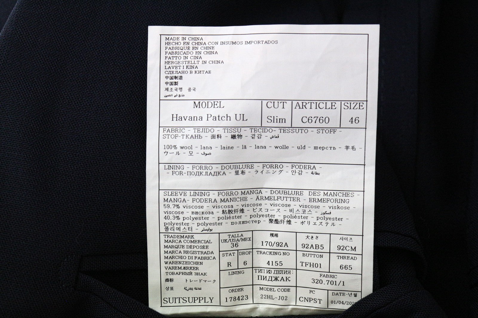 SUITSUPPLY Havana Traveller Men's Suit 36R Blue Wool Slim Classic 2Pc Unlined