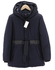 ONE STEP Dora moteriška striukė XS su diržu, gobtuvu, vidutinio ilgio, tamsiai mėlyna 