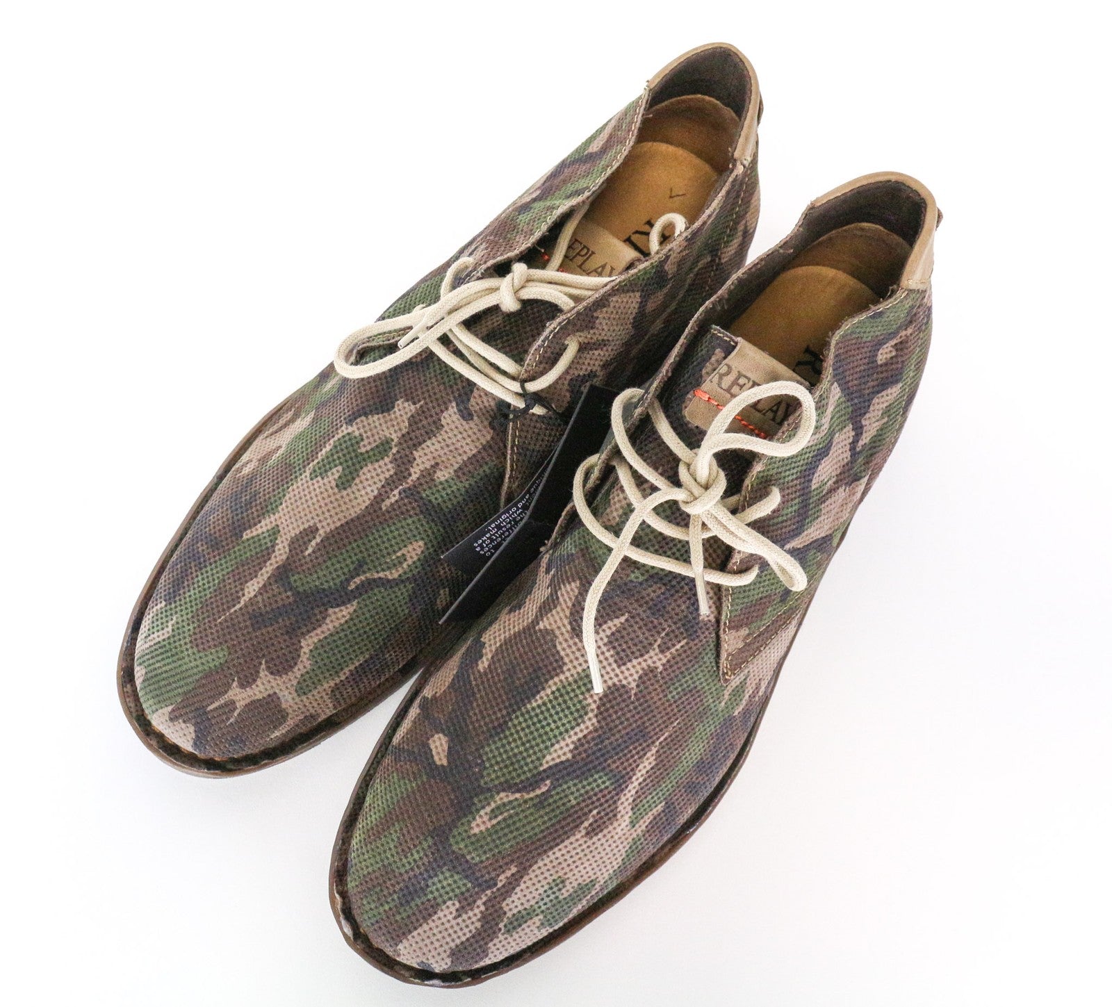 REPLAY Men Casual Shoes EU46 Brown High-Top Lace-Up Camouflage Print Leather