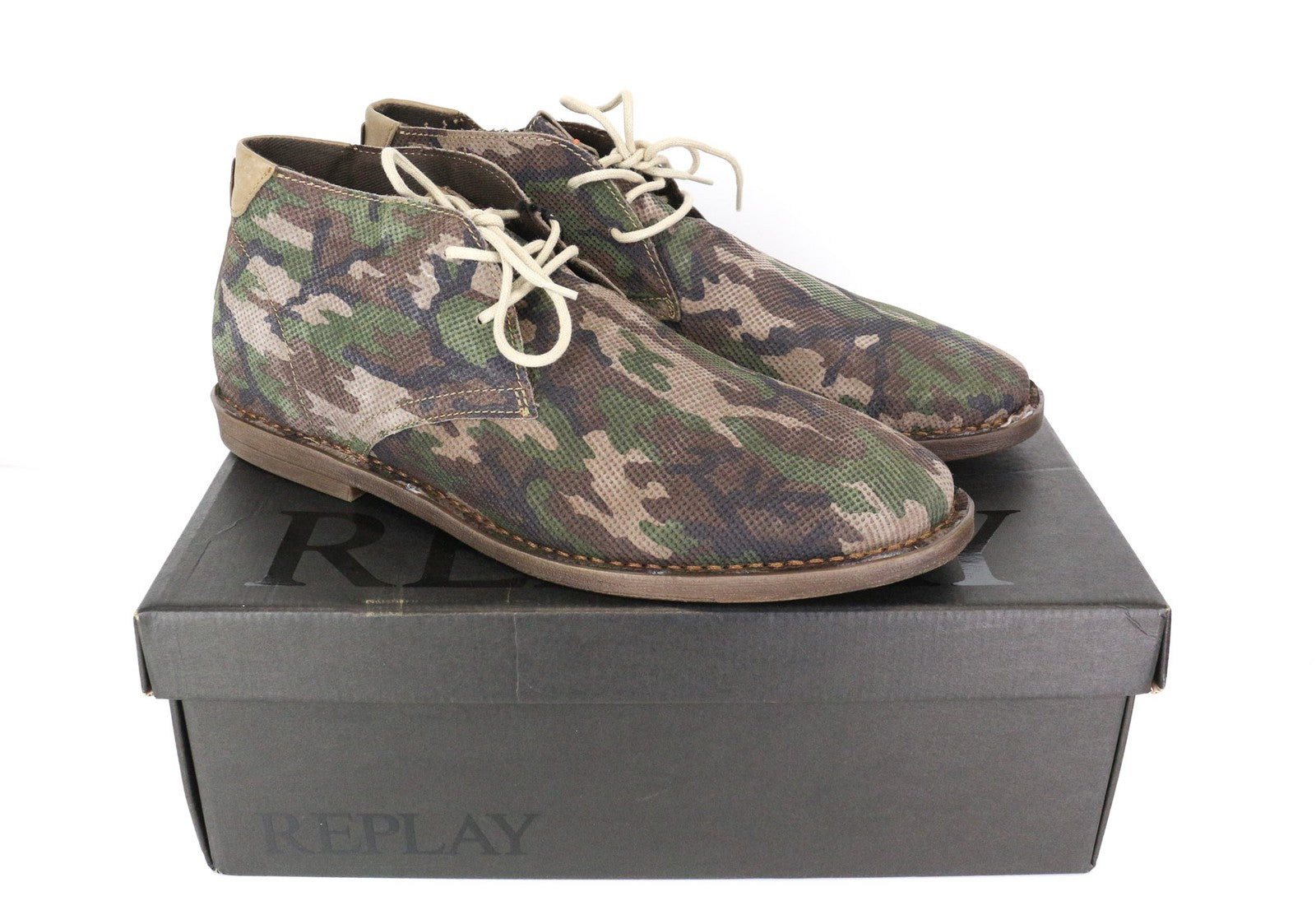 REPLAY Men Casual Shoes EU46 Brown High-Top Lace-Up Camouflage Print Leather