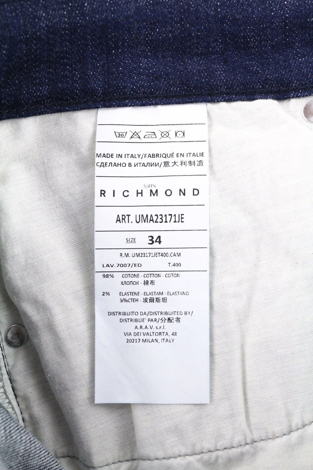 JOHN RICHMOND Men's Jeans W34 Blue Washed Denim Slim Fit Classic Logo Buttoned