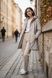 WOOLRICH Firth Down Hooded Trench Women Jacket S Light Grey Mid-Length RRP680