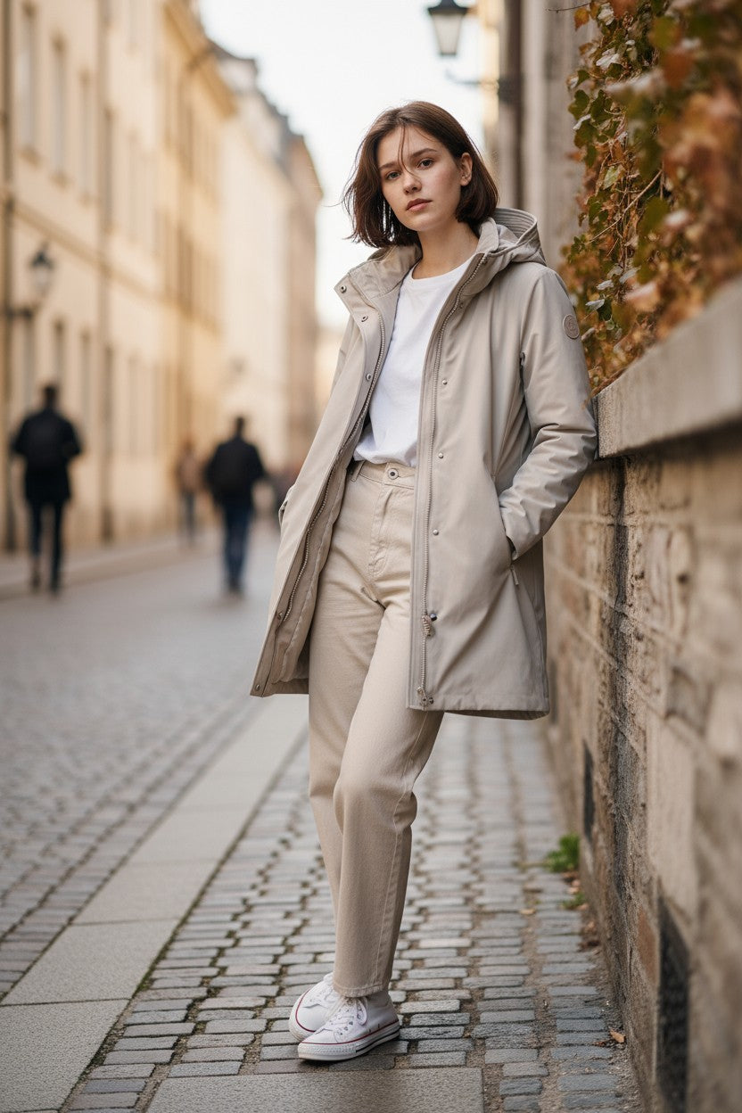 WOOLRICH Firth Down Hooded Trench Women Jacket S Light Grey Mid-Length RRP680