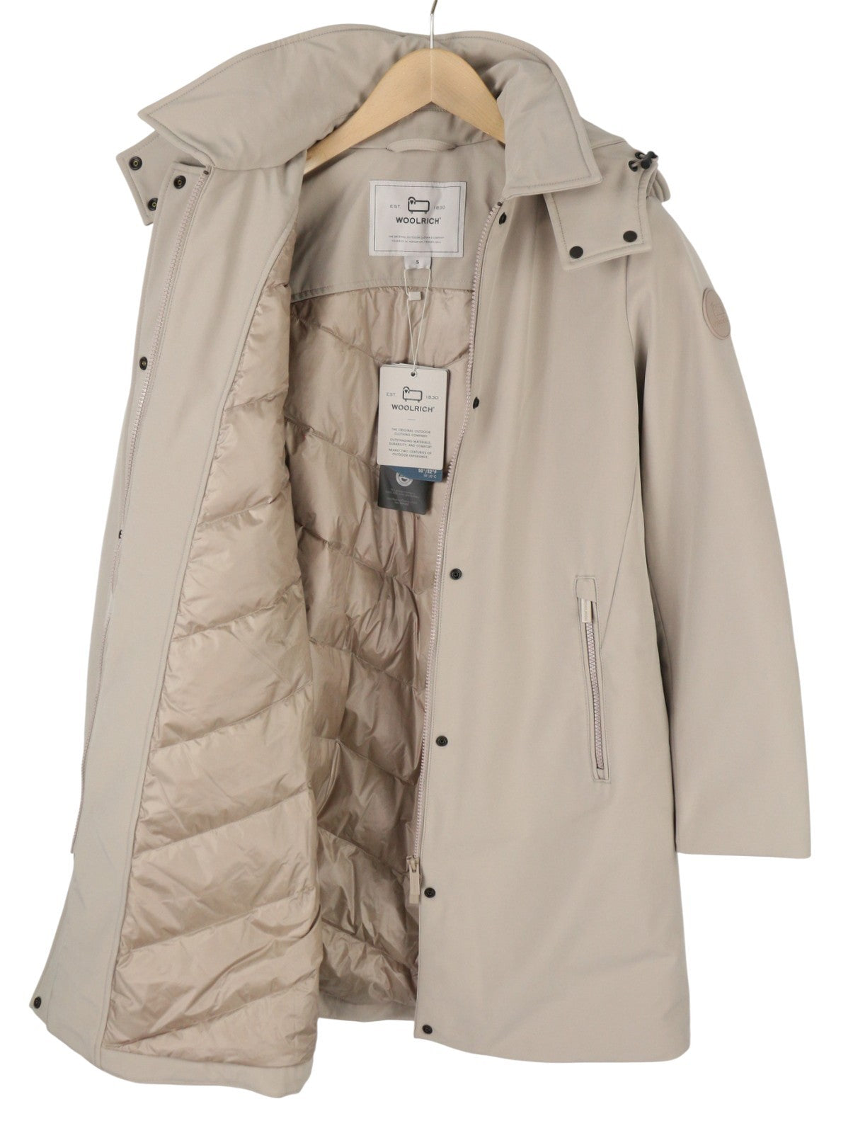 WOOLRICH Firth Down Hooded Trench Women Jacket S Light Grey Mid-Length RRP680