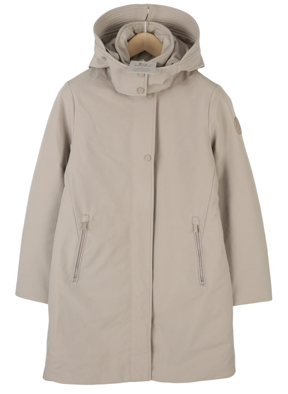WOOLRICH Firth Down Hooded Trench Women Jacket S Light Grey Mid-Length RRP680