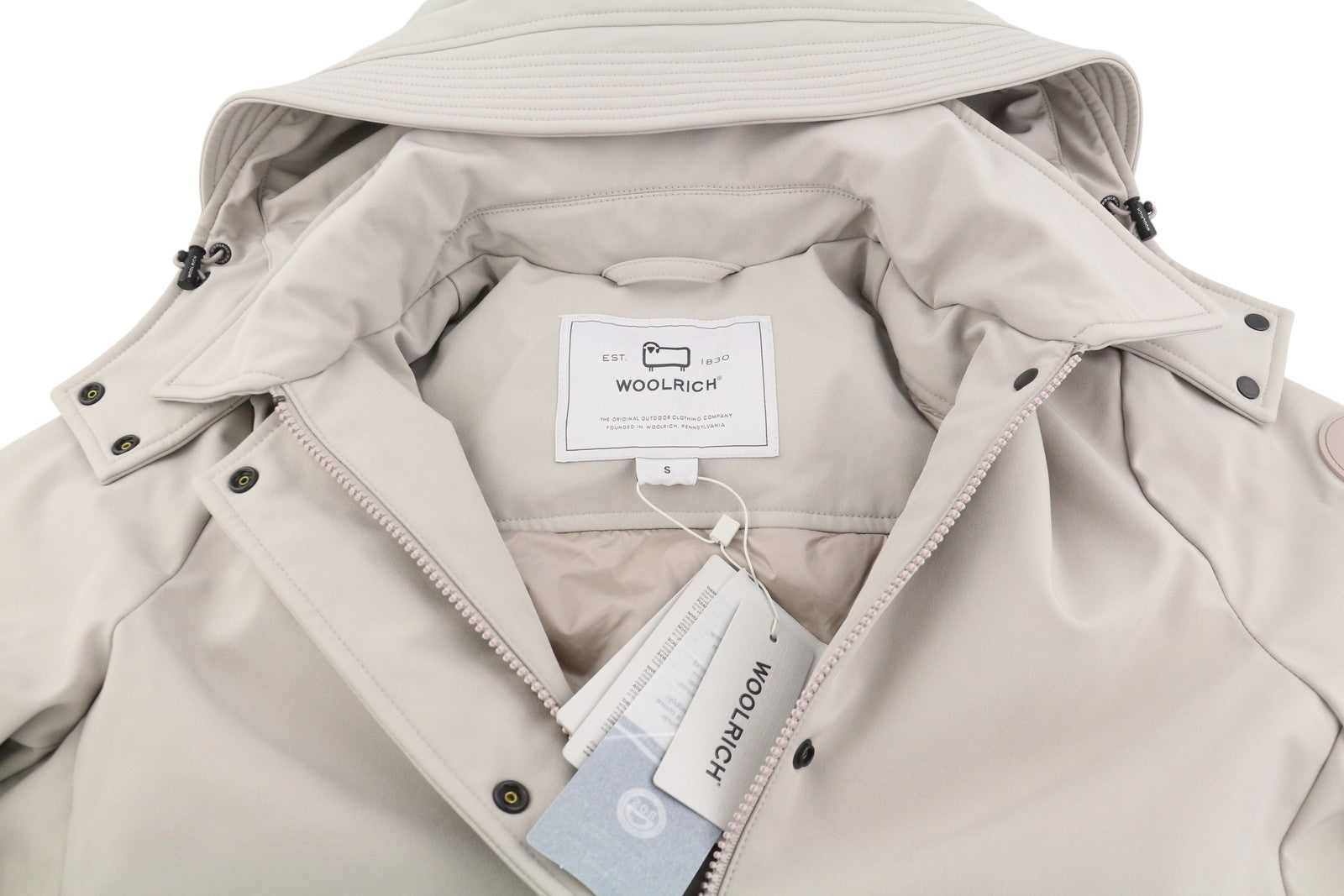 WOOLRICH Firth Down Hooded Trench Women Jacket S Light Grey Mid-Length RRP680