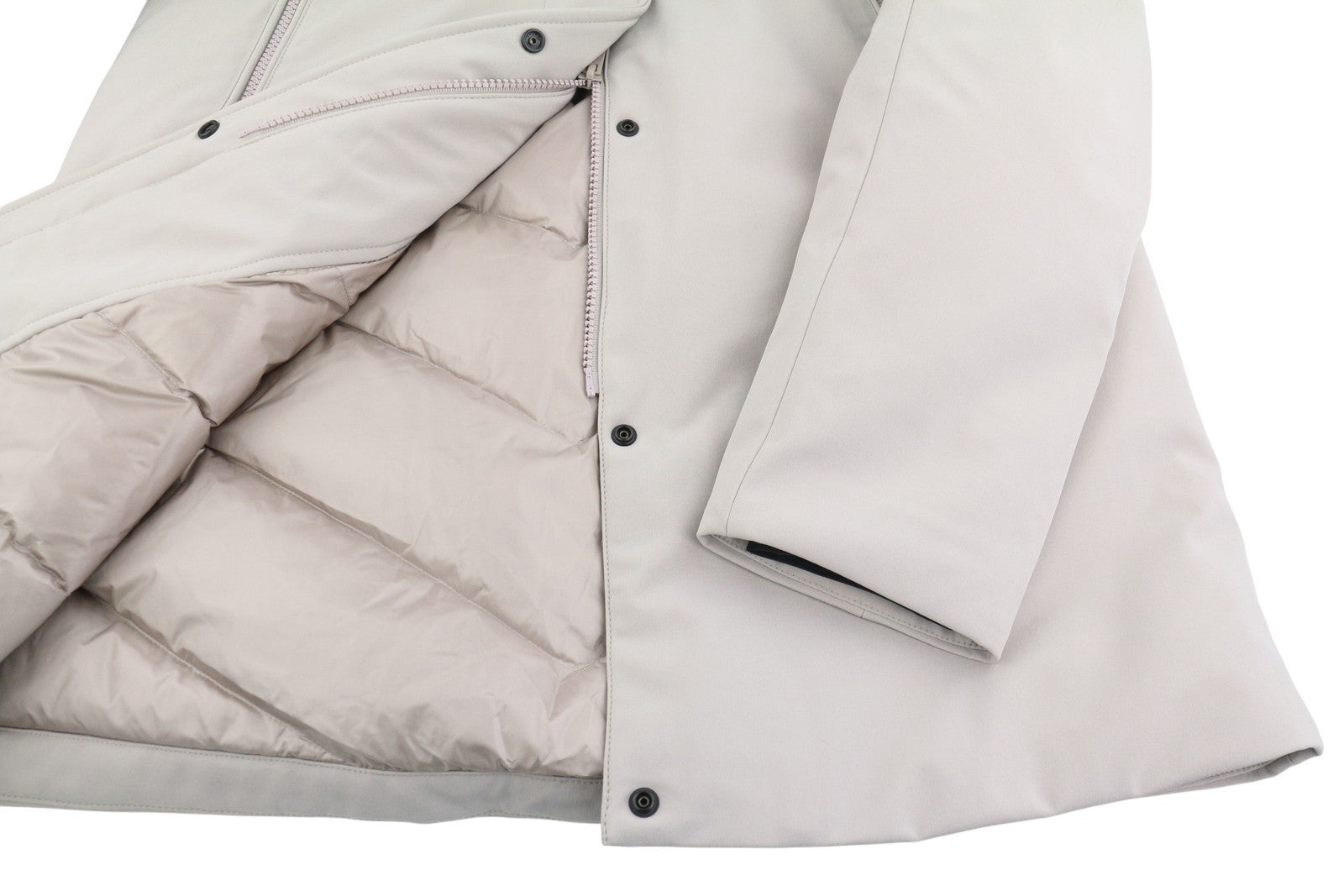 WOOLRICH Firth Down Hooded Trench Women Jacket S Light Grey Mid-Length RRP680