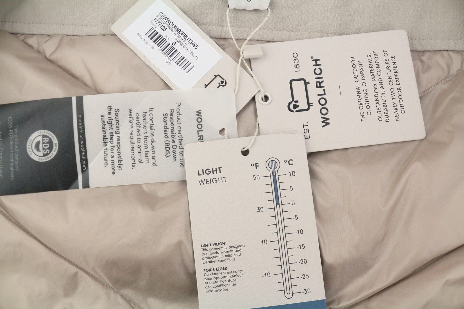 WOOLRICH Firth Down Hooded Trench Women Jacket S Light Grey Mid-Length RRP680