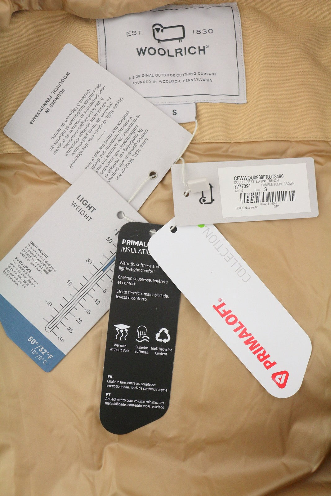 WOOLRICH Double Breasted 2in1 Trench Women Jacket S Beige Hood Primaloft PPR870