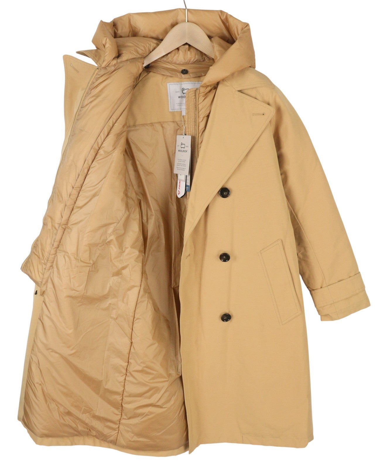 WOOLRICH Double Breasted 2in1 Trench Women Jacket S Beige Hood Primaloft PPR870