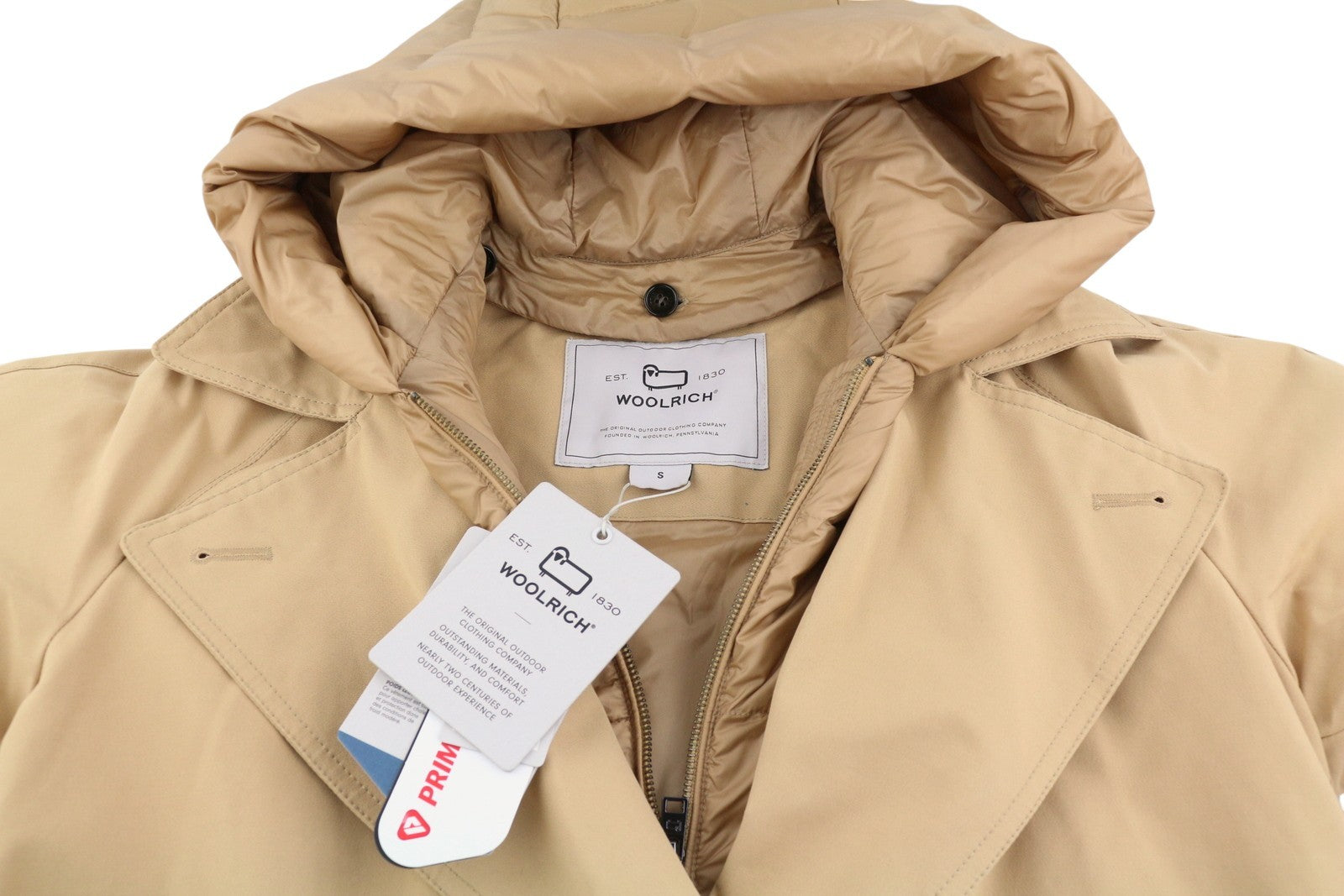 WOOLRICH Double Breasted 2in1 Trench Women Jacket S Beige Hood Primaloft PPR870