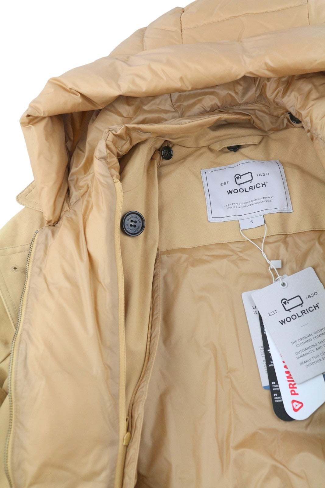 WOOLRICH Double Breasted 2in1 Trench Women Jacket S Beige Hood Primaloft PPR870