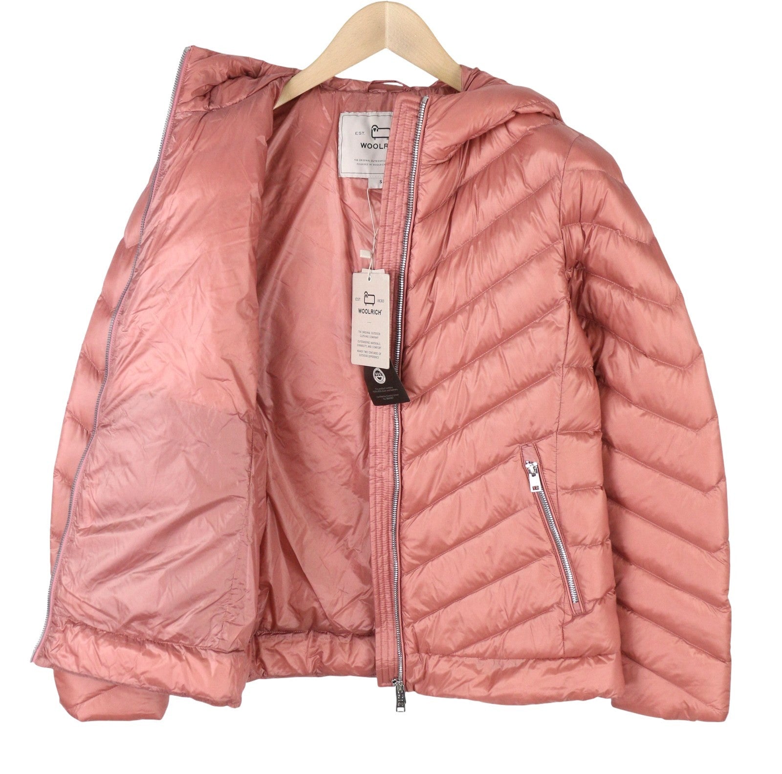 WOOLRICH Chevron Quilted Hooded Women Jacket S Pink Down Filled Puffer RRP550