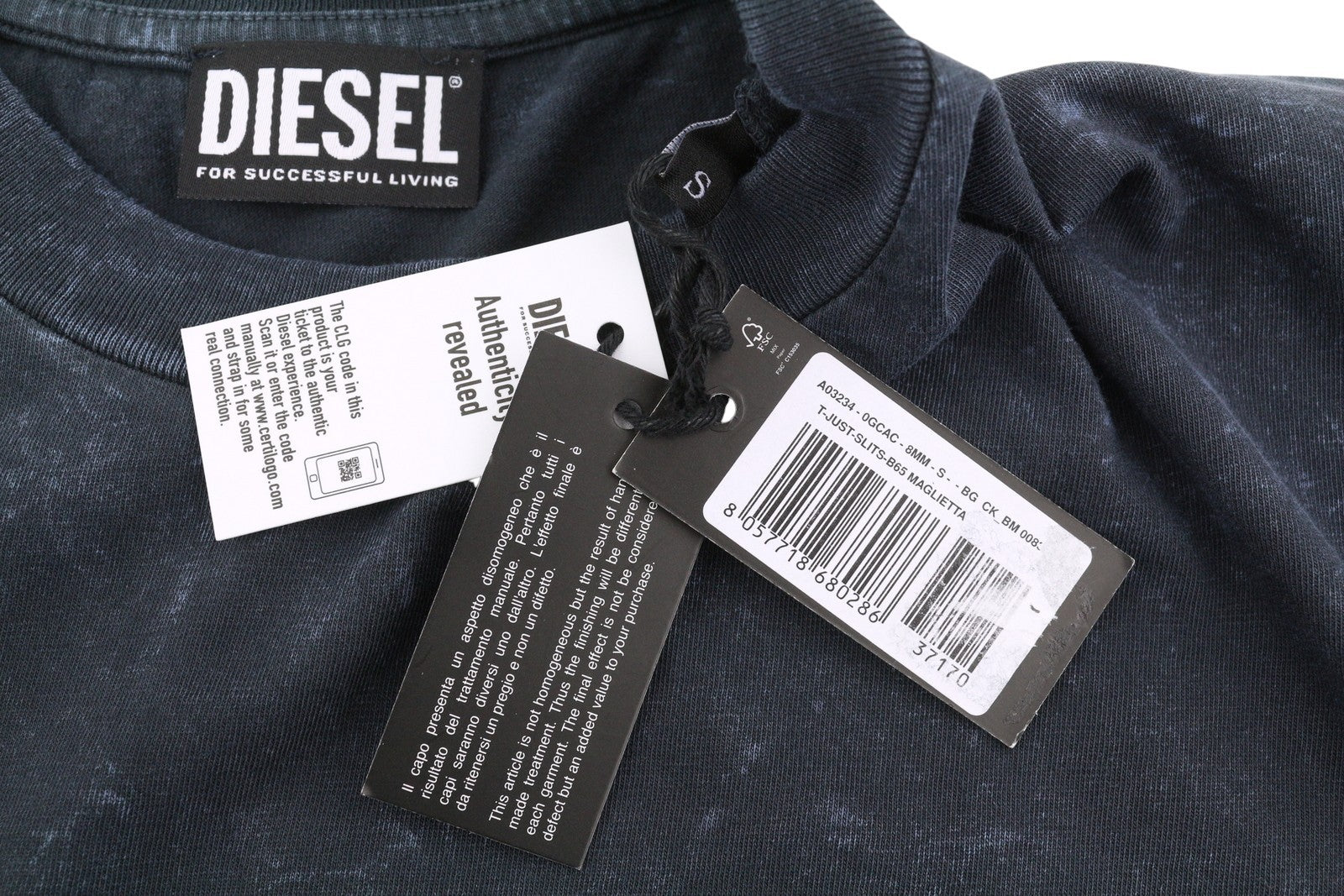 DIESEL T-Just-Slits-B65 Men T-Shirt S Dark Blue Crew Neck Faded Short Sleeve