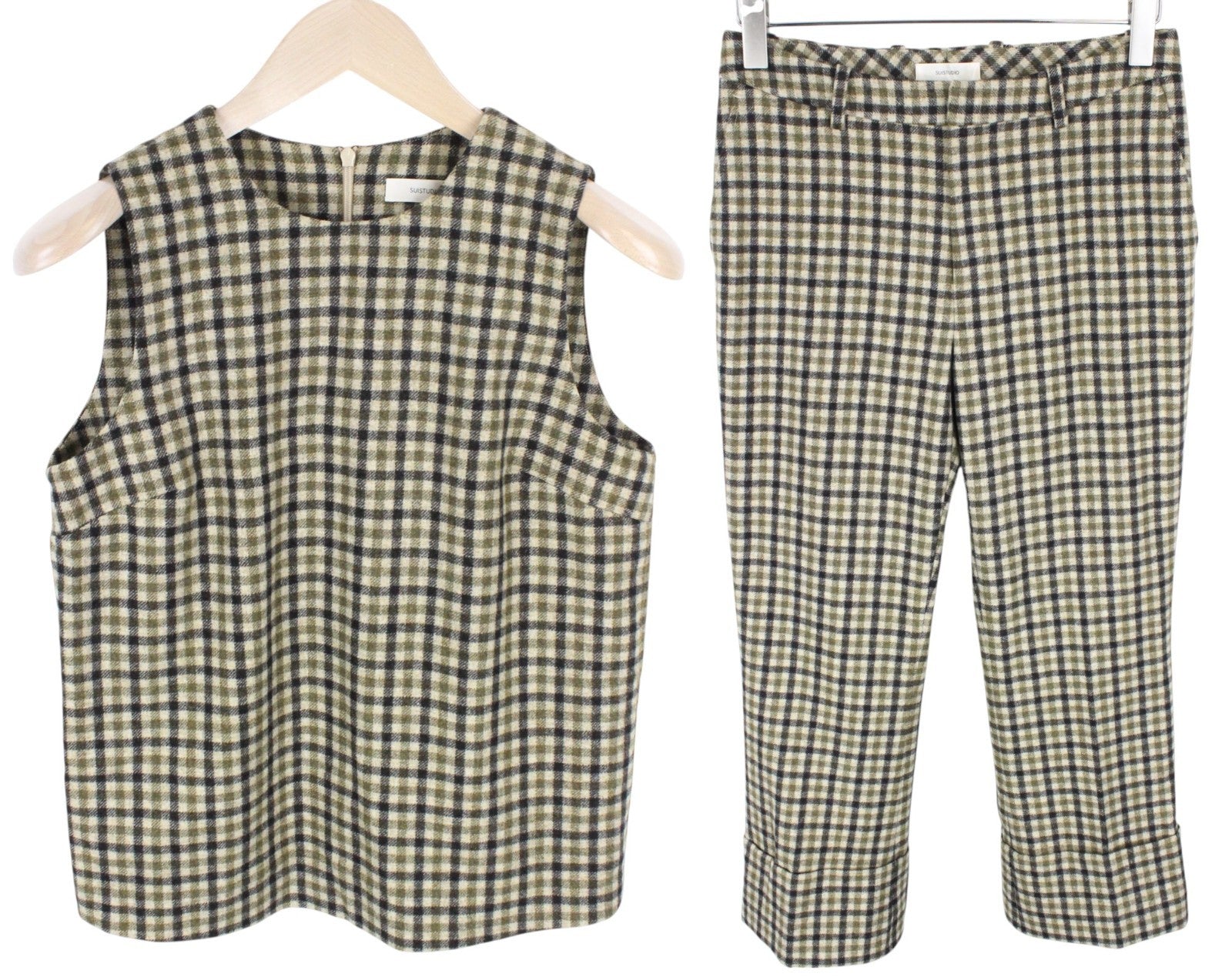 SUISTUDIO Sage Robin Women's UK10 Set Checked Sleeveless Soft Wool 2 Piece