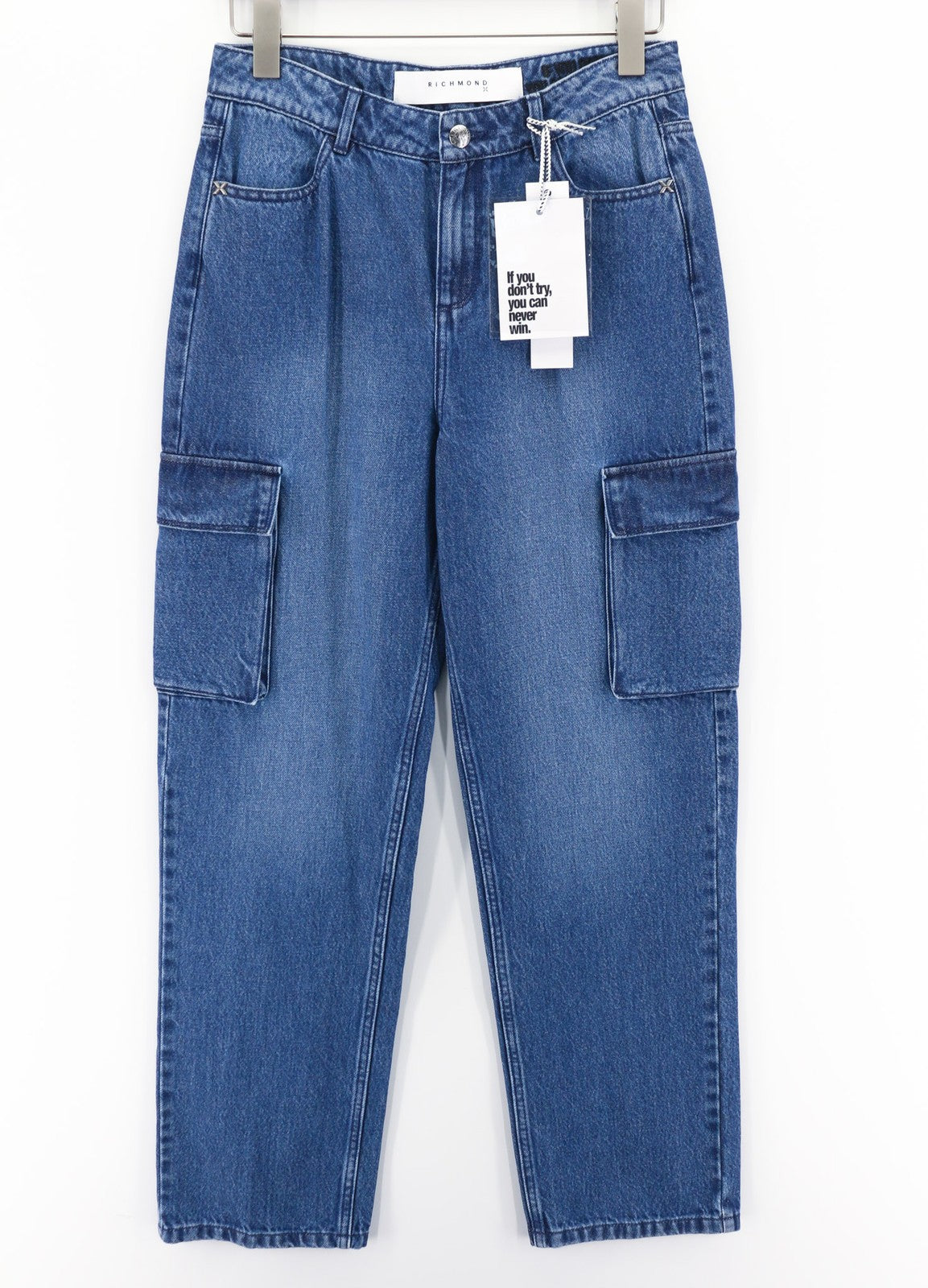 JOHN RICHMOND Women's Jeans W26 Regular Cargo Style Mid Blue Washed Zip Denim