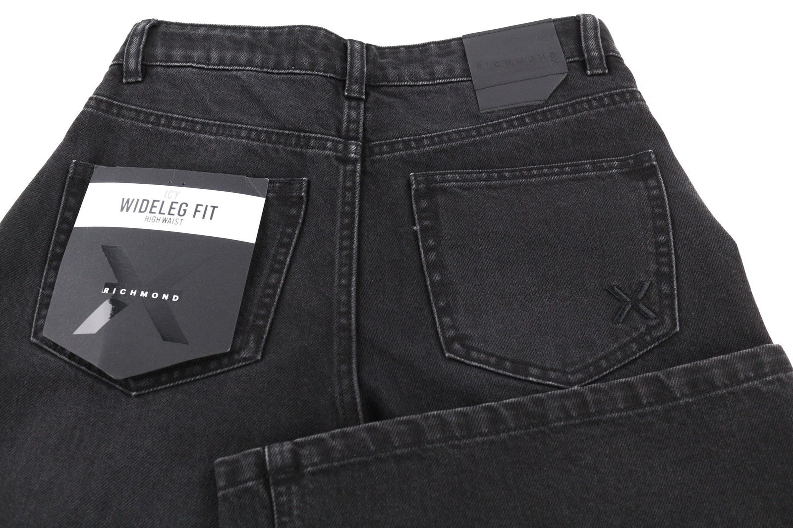 JOHN RICHMOND Icy Women's Jeans W26 High Waist Wide Leg Distressed Black Denim