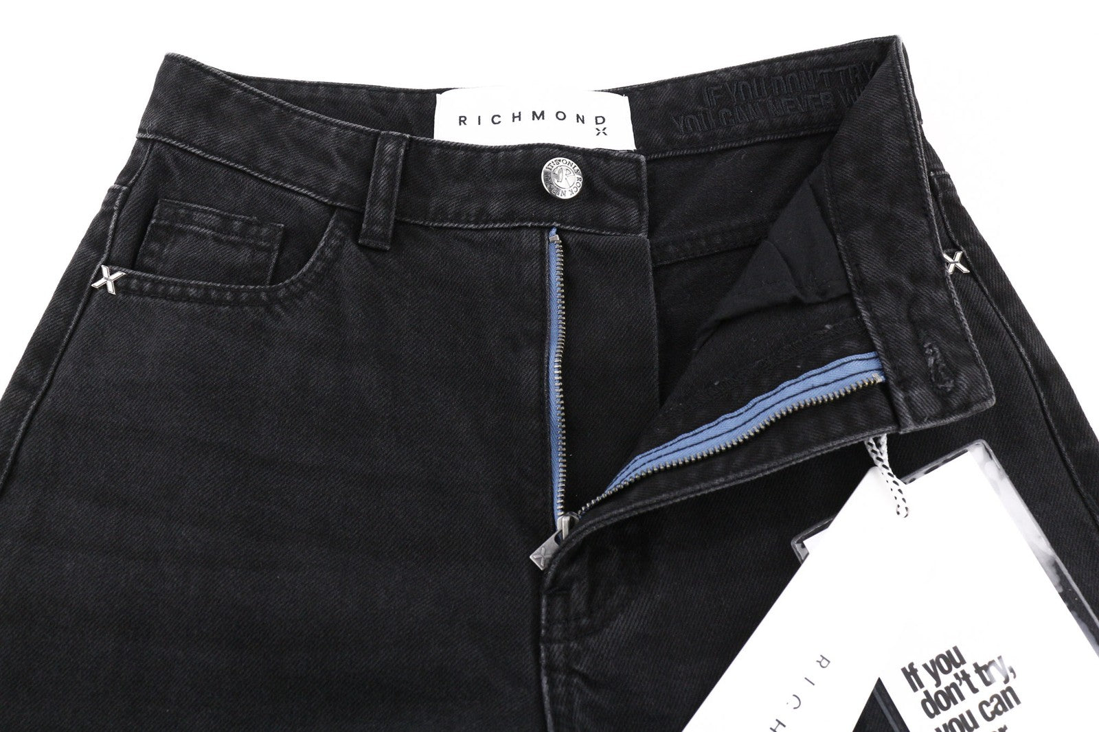 JOHN RICHMOND Icy Women's Jeans W26 High Waist Wide Leg Distressed Black Denim