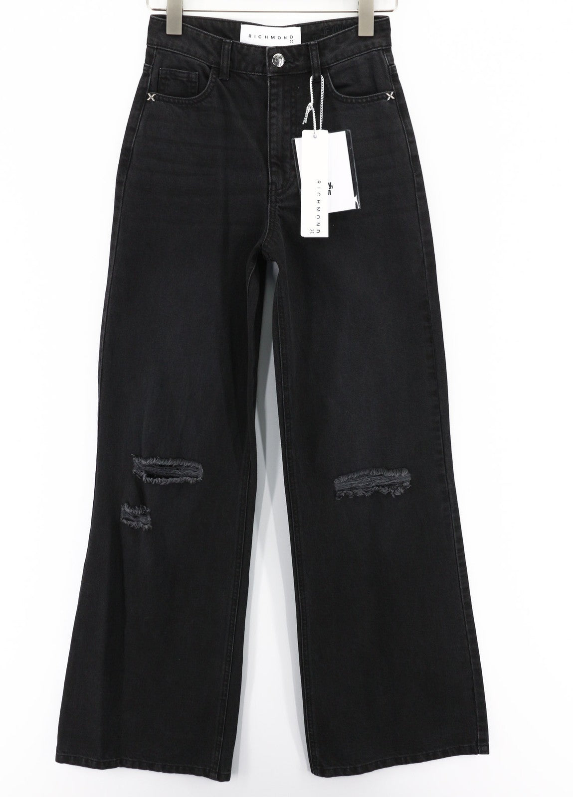 JOHN RICHMOND Icy Women's Jeans W26 Wide Leg High Waist Black Distressed Denim