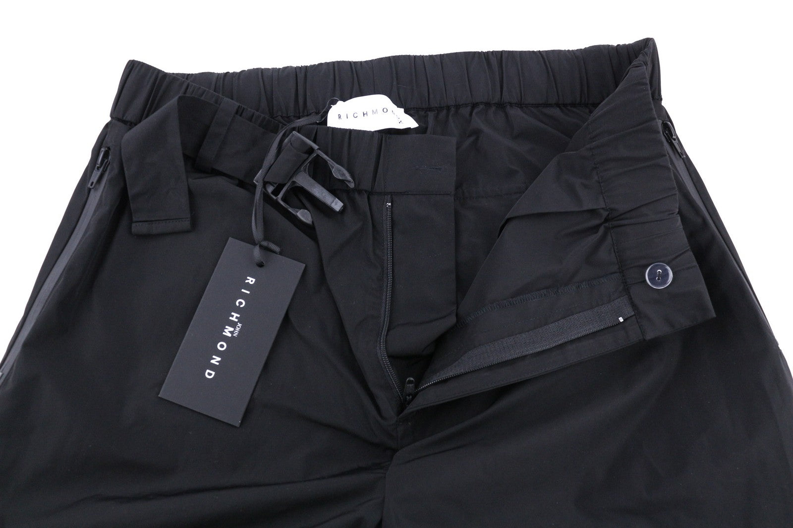 JOHN RICHMOND Men's Pants ~W30 Black Straight Elastic Waist Logo Casual Pockets