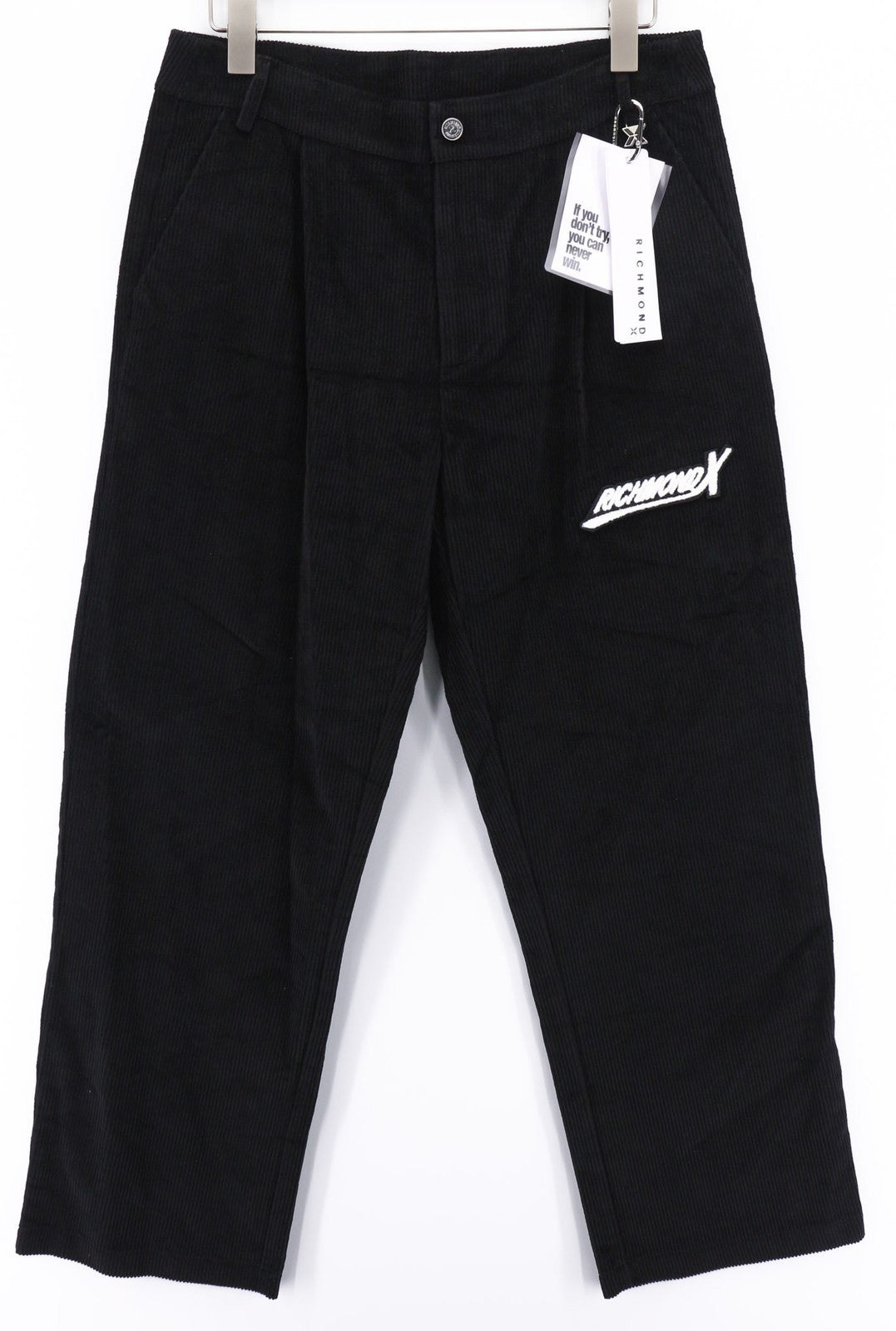 JOHN RICHMOND Men's Pants M Black Corduroy Straight Pleated Zip Logo Detail