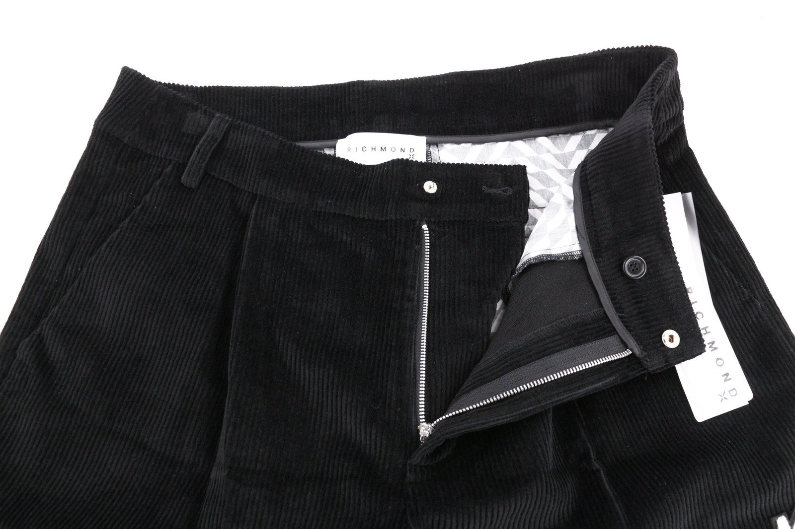 JOHN RICHMOND Men's Pants M Black Corduroy Straight Pleated Zip Logo Detail