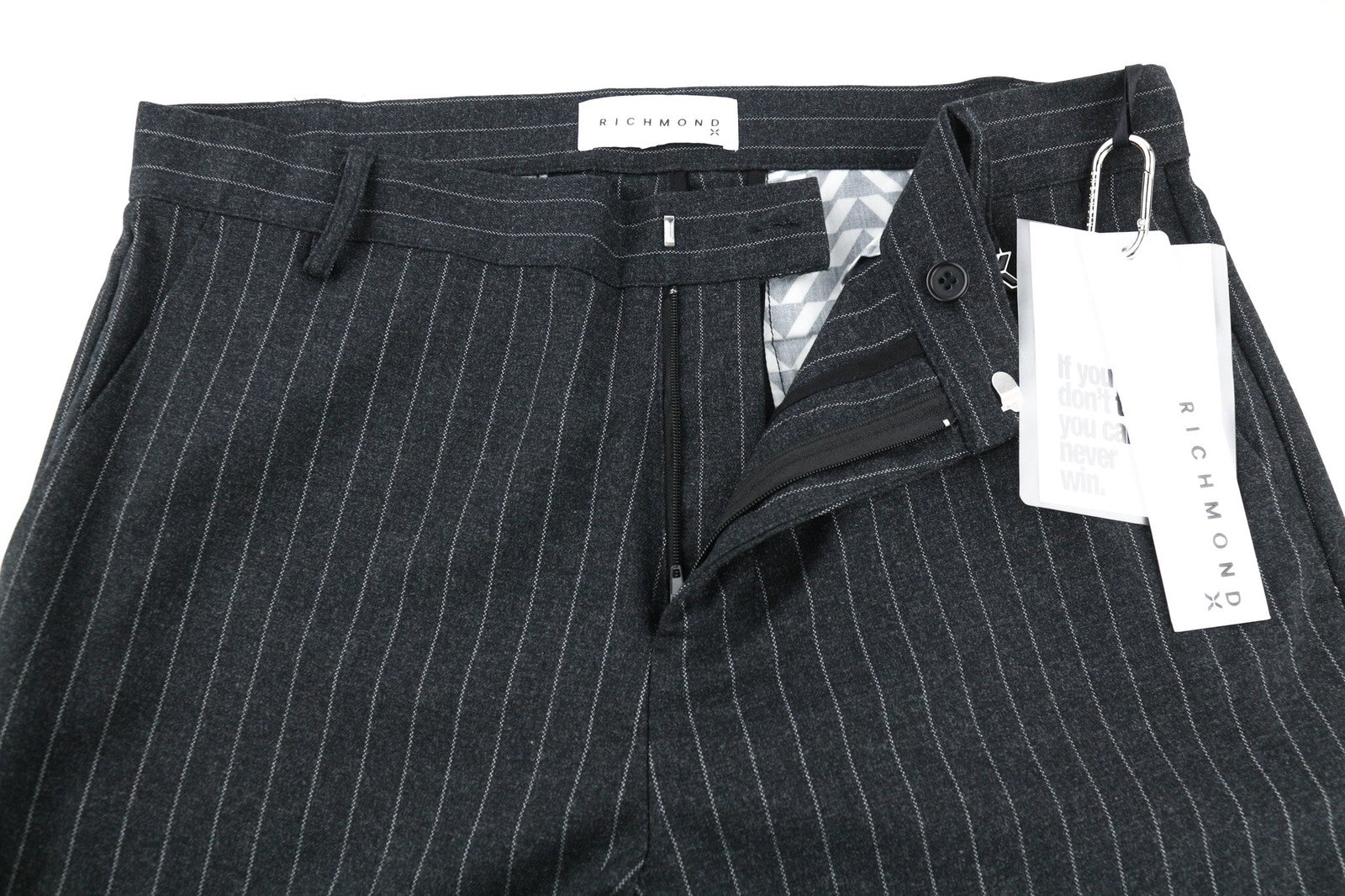 JOHN RICHMOND Men's Pants M Black Slim Stripe Print Casual Zip Fly Logo