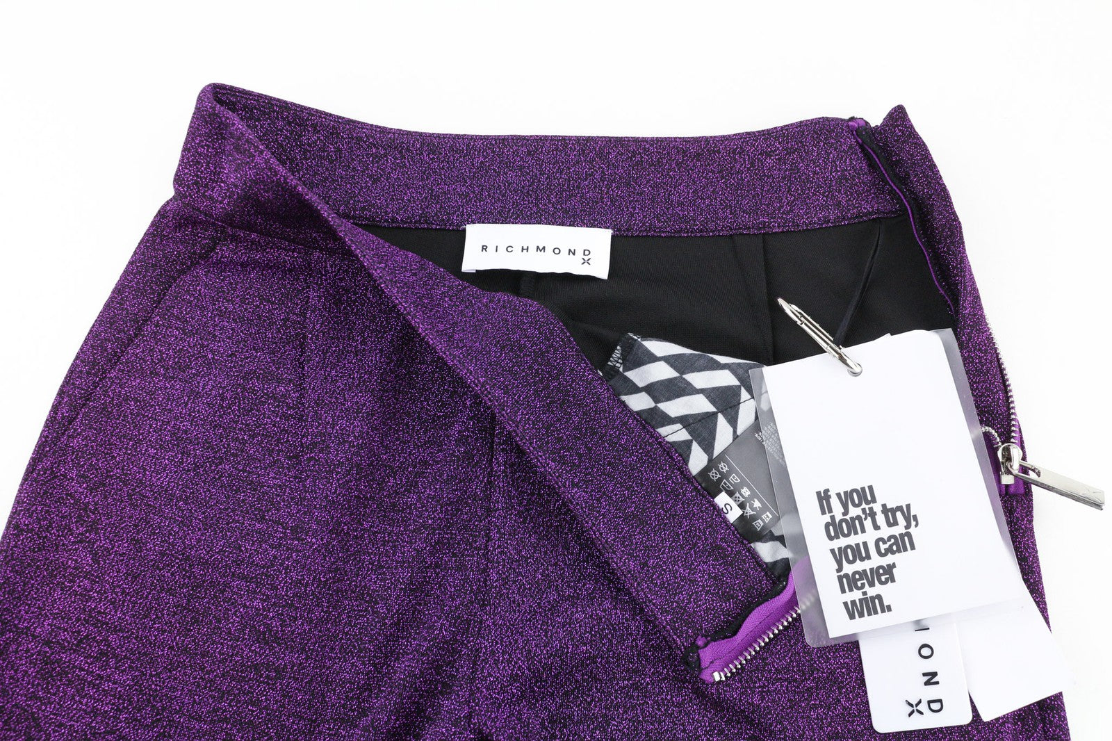 JOHN RICHMOND Women's Pants S Violet Glitter High Waist Flared Zip Logo