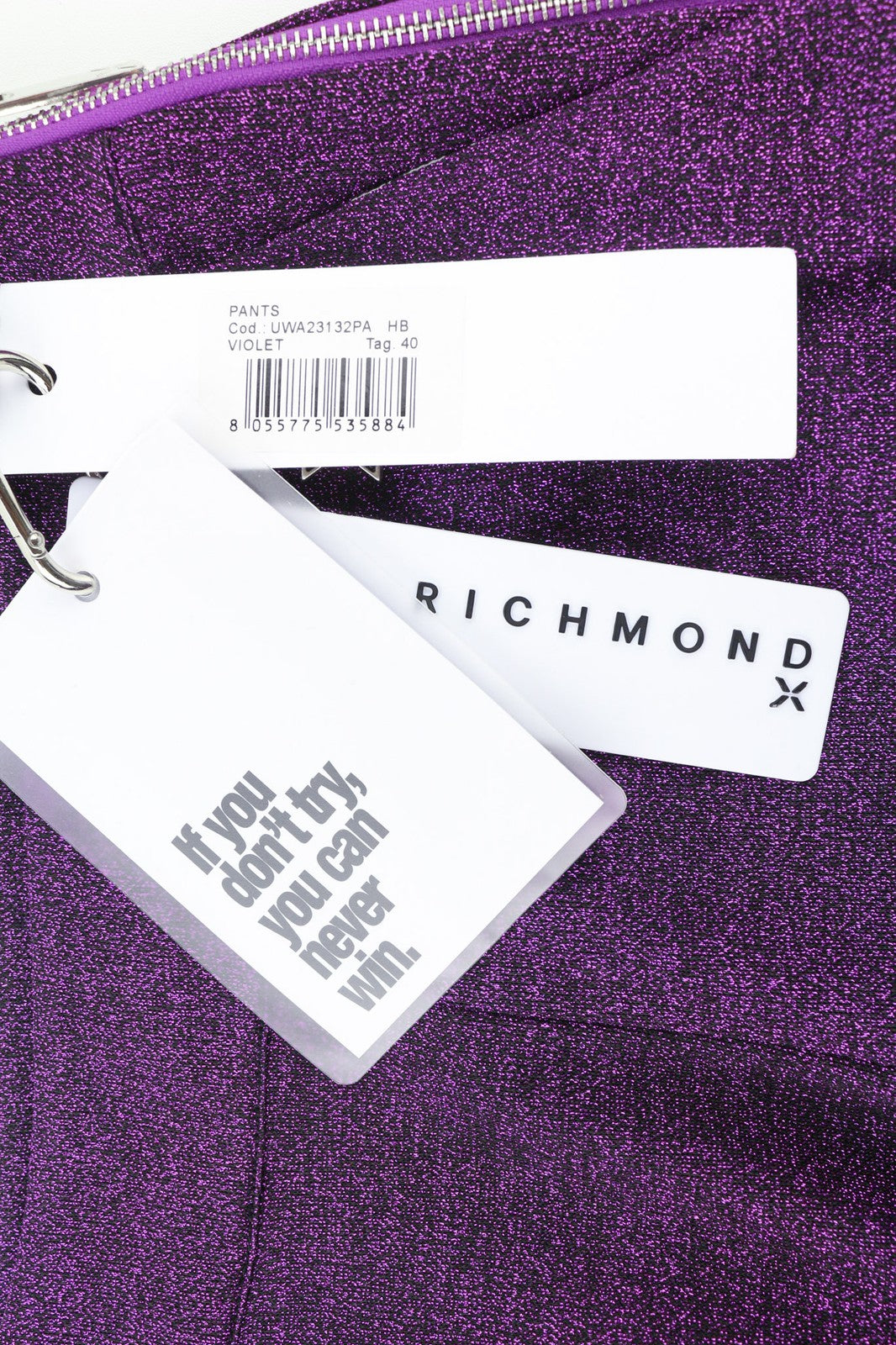 JOHN RICHMOND Women's Pants S Violet Glitter High Waist Flared Zip Logo